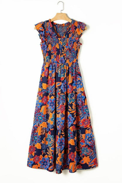 Kamari Boho Floral V Neck Ruffle Tiered Long Dress - Blu Lotus Boutique