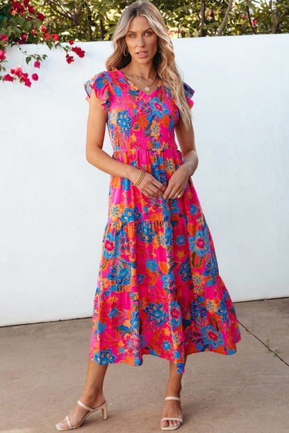 Kamari Boho Floral V Neck Ruffle Tiered Long Dress - Blu Lotus Boutique