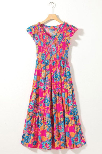 Kamari Boho Floral V Neck Ruffle Tiered Long Dress - Blu Lotus Boutique