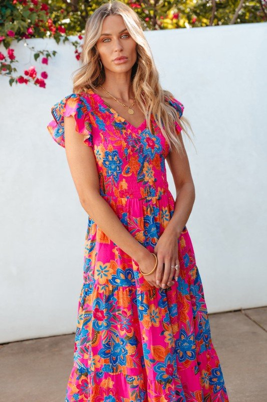 Kamari Boho Floral V Neck Ruffle Tiered Long Dress - Blu Lotus Boutique