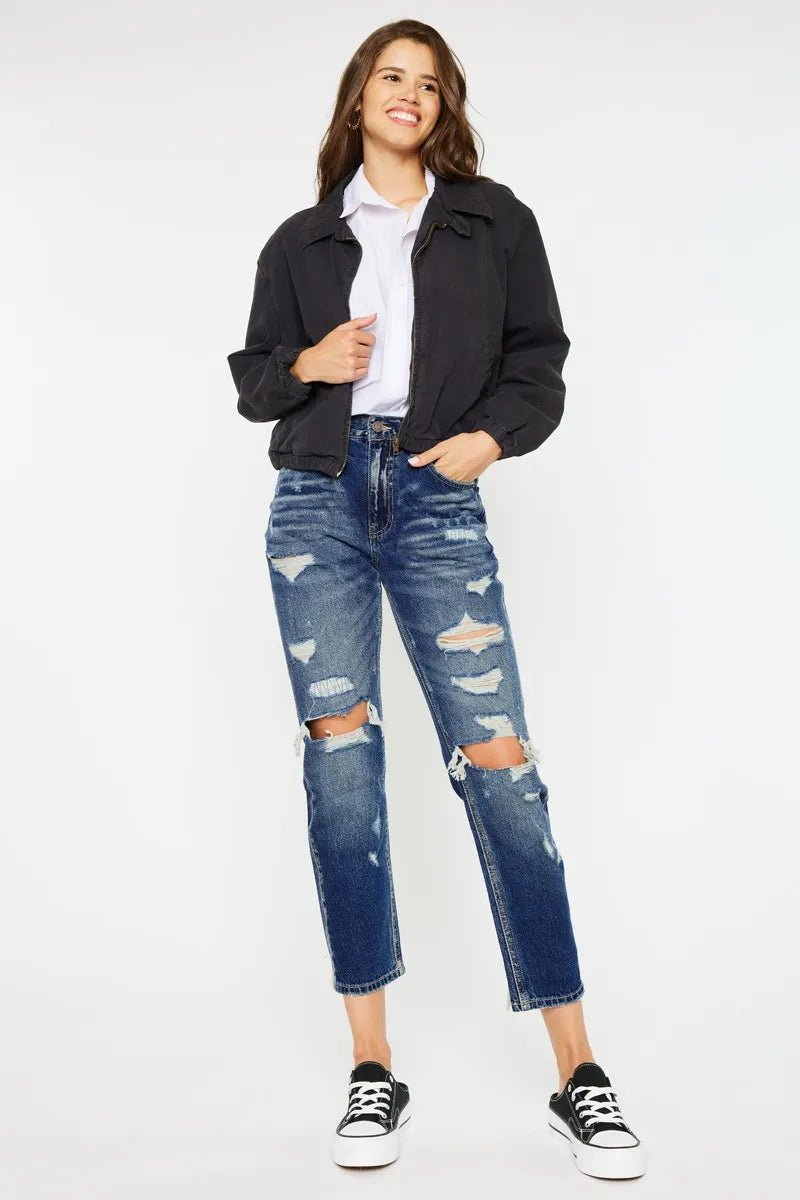 Kancan High Rise Distressed Mom Fit Jeans - Blu Lotus Boutique