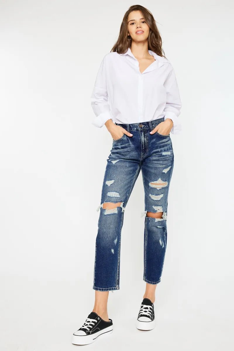 Kancan High Rise Distressed Mom Fit Jeans - Blu Lotus Boutique