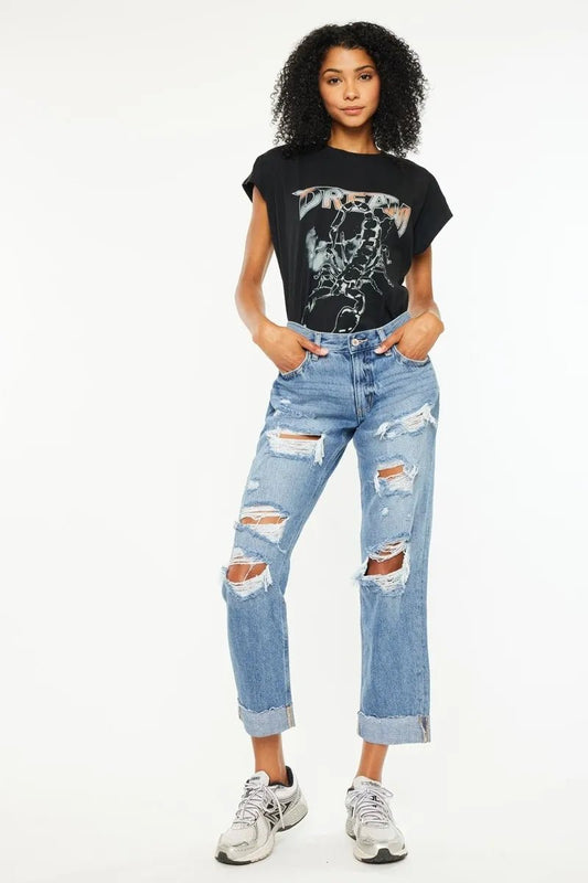Kancan Mid Rise Distressed Boyfriend Fit Jeans - Blu Lotus Boutique