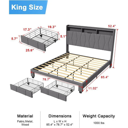 King Size Bed Frame, Velvet Upholstered LED Platform Bed with Headboard Storage, King Bed Frame Built - in Charging Station with 2 - Blu Lotus Boutique