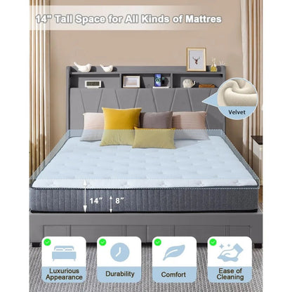 King Size Bed Frame, Velvet Upholstered LED Platform Bed with Headboard Storage, King Bed Frame Built - in Charging Station with 2 - Blu Lotus Boutique