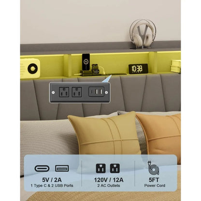 King Size Bed Frame, Velvet Upholstered LED Platform Bed with Headboard Storage, King Bed Frame Built - in Charging Station with 2 - Blu Lotus Boutique