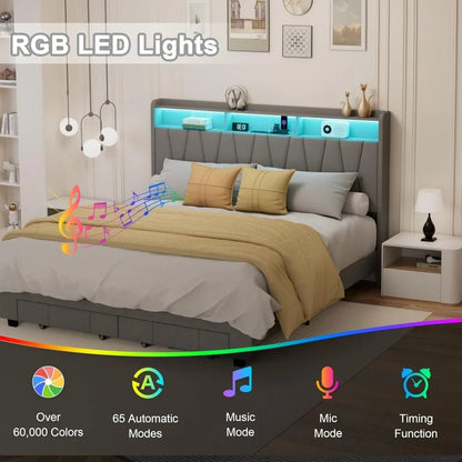 King Size Bed Frame, Velvet Upholstered LED Platform Bed with Headboard Storage, King Bed Frame Built - in Charging Station with 2 - Blu Lotus Boutique