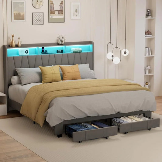 King Size Bed Frame, Velvet Upholstered LED Platform Bed with Headboard Storage, King Bed Frame Built - in Charging Station with 2 - Blu Lotus Boutique