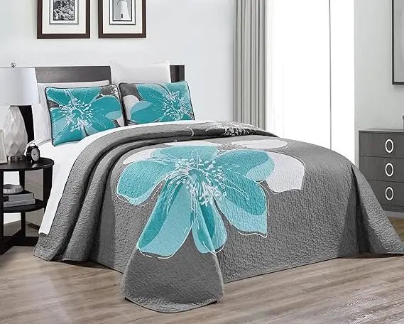 King Size Reversible Quilt Set with Aqua Blue and Grey Print, Oversized 115x95 Inches Bed Coverlet - Blu Lotus Boutique