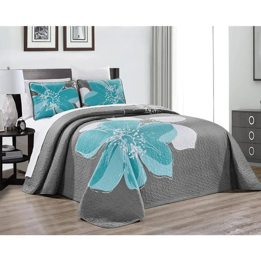 King Size Reversible Quilt Set with Aqua Blue and Grey Print, Oversized 115x95 Inches Bed Coverlet - Blu Lotus Boutique