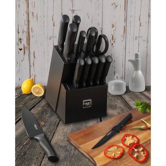 Knife Set, 15 Pcs Kitchen Knife Set with Block Self Sharpening, Dishwasher Safe, 6 Steak Knives, Anti - slip handle, Black - Blu Lotus Boutique