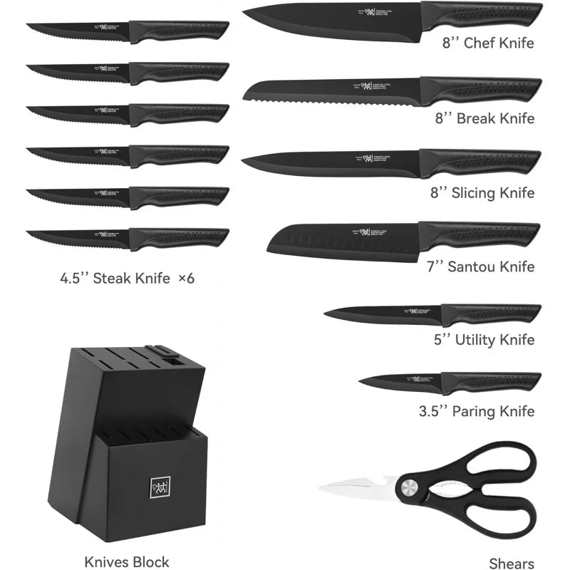 Knife Set, 15 Pcs Kitchen Knife Set with Block Self Sharpening, Dishwasher Safe, 6 Steak Knives, Anti - slip handle, Black - Blu Lotus Boutique
