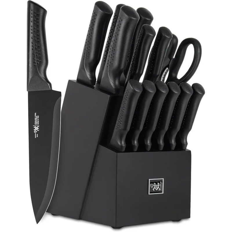 Knife Set, 15 Pcs Kitchen Knife Set with Block Self Sharpening, Dishwasher Safe, 6 Steak Knives, Anti - slip handle, Black - Blu Lotus Boutique
