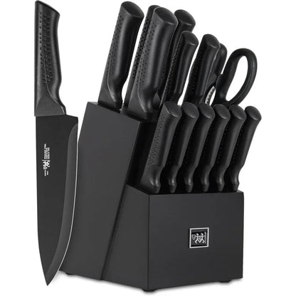 Knife Set, 15 Pcs Kitchen Knife Set with Block Self Sharpening, Dishwasher Safe, 6 Steak Knives, Anti - slip handle, Black - Blu Lotus Boutique