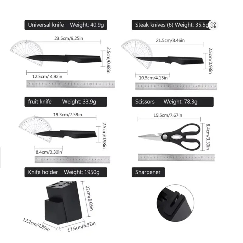 Knife Set, 15 Pcs Kitchen Knife Set with Block Self Sharpening, Dishwasher Safe, 6 Steak Knives, Anti - slip handle, Black - Blu Lotus Boutique
