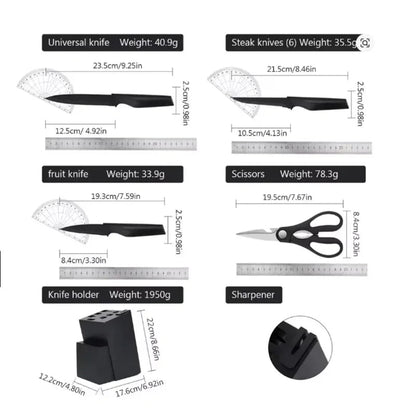 Knife Set, 15 Pcs Kitchen Knife Set with Block Self Sharpening, Dishwasher Safe, 6 Steak Knives, Anti - slip handle, Black - Blu Lotus Boutique