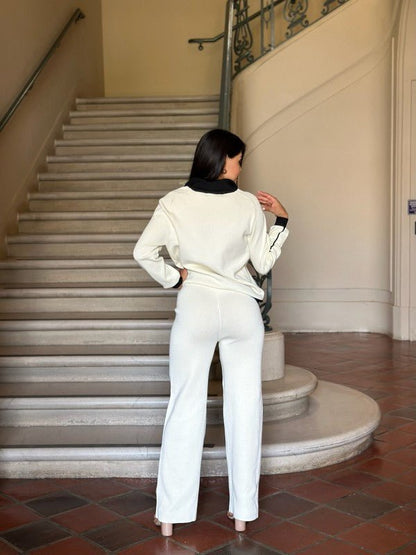 Knit High Waist Pants with Line Contrast Set - Blu Lotus Boutique