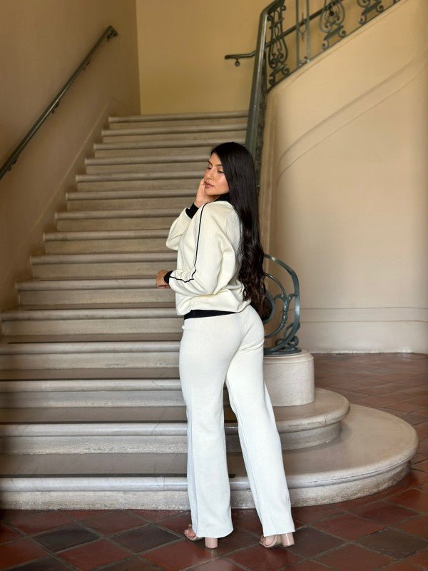Knit High Waist Pants with Line Contrast Set - Blu Lotus Boutique