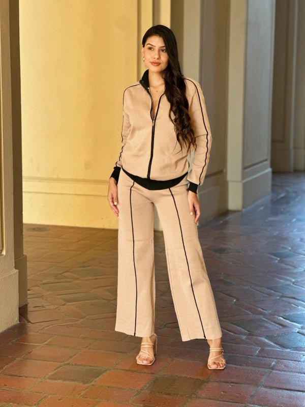 Knit High Waist Pants with Line Contrast Set - Blu Lotus Boutique