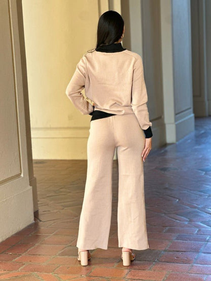 Knit High Waist Pants with Line Contrast Set - Blu Lotus Boutique