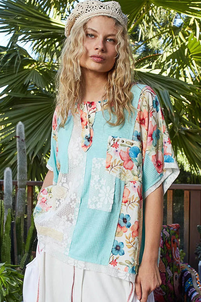 Lace Round Neck Short Sleeve Floral Pattern Top with Patch Detail - Blu Lotus Boutique