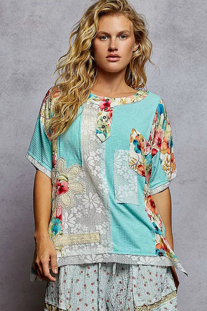 Lace Round Neck Short Sleeve Floral Pattern Top with Patch Detail - Blu Lotus Boutique
