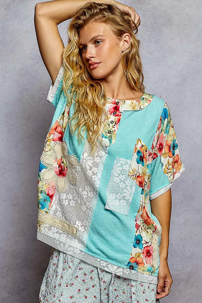 Lace Round Neck Short Sleeve Floral Pattern Top with Patch Detail - Blu Lotus Boutique