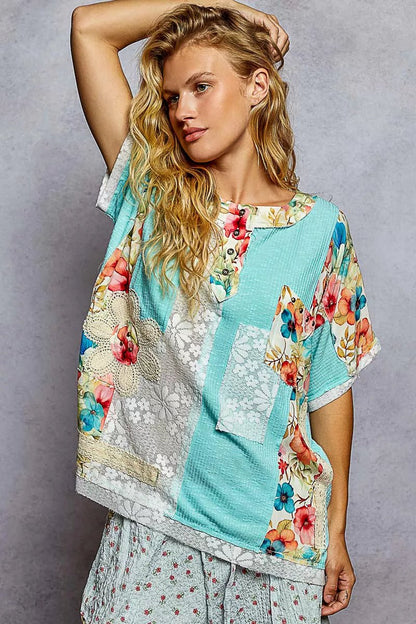 Lace Round Neck Short Sleeve Floral Pattern Top with Patch Detail - Blu Lotus Boutique