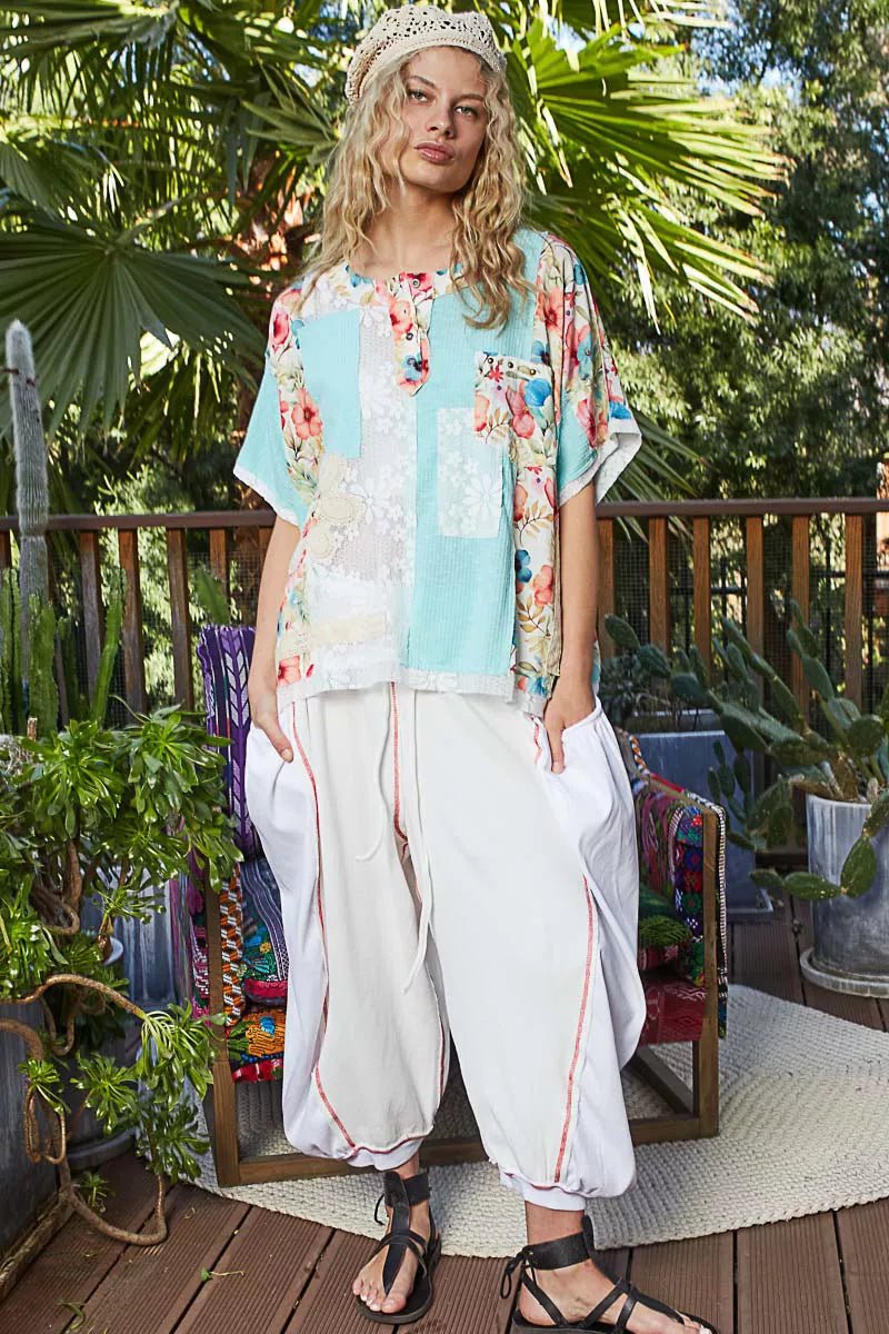 Lace Round Neck Short Sleeve Floral Pattern Top with Patch Detail - Blu Lotus Boutique