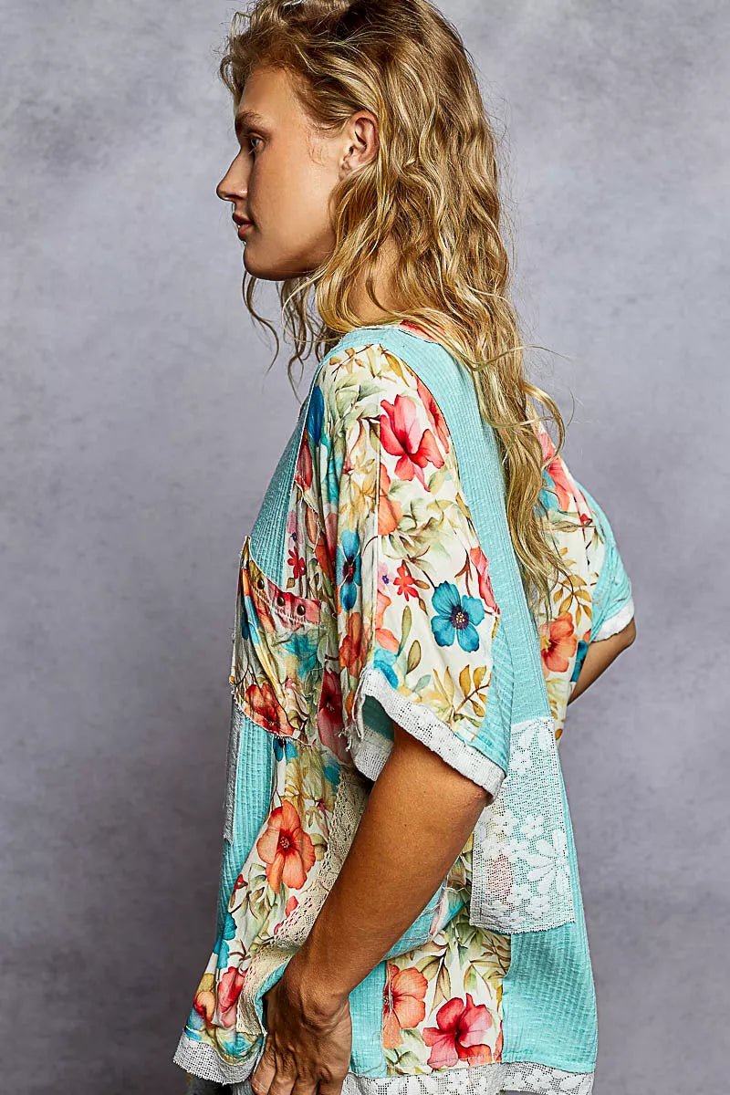 Lace Round Neck Short Sleeve Floral Pattern Top with Patch Detail - Blu Lotus Boutique