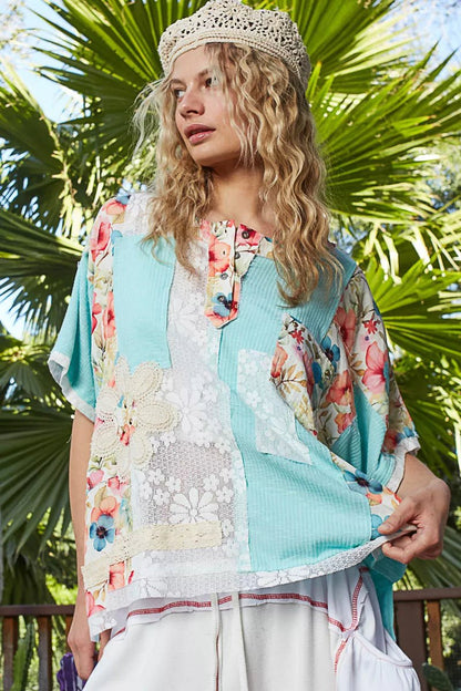 Lace Round Neck Short Sleeve Floral Pattern Top with Patch Detail - Blu Lotus Boutique