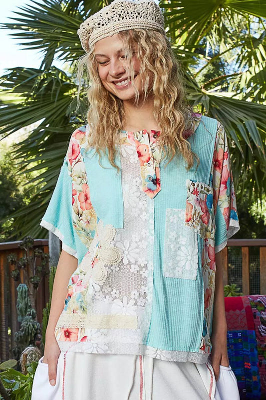 Lace Round Neck Short Sleeve Floral Pattern Top with Patch Detail - Blu Lotus Boutique