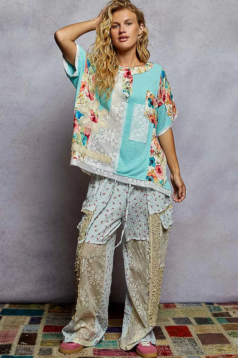 Lace Round Neck Short Sleeve Floral Pattern Top with Patch Detail - Blu Lotus Boutique