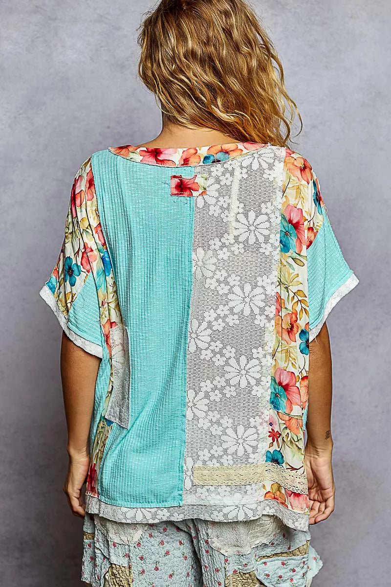 Lace Round Neck Short Sleeve Floral Pattern Top with Patch Detail - Blu Lotus Boutique