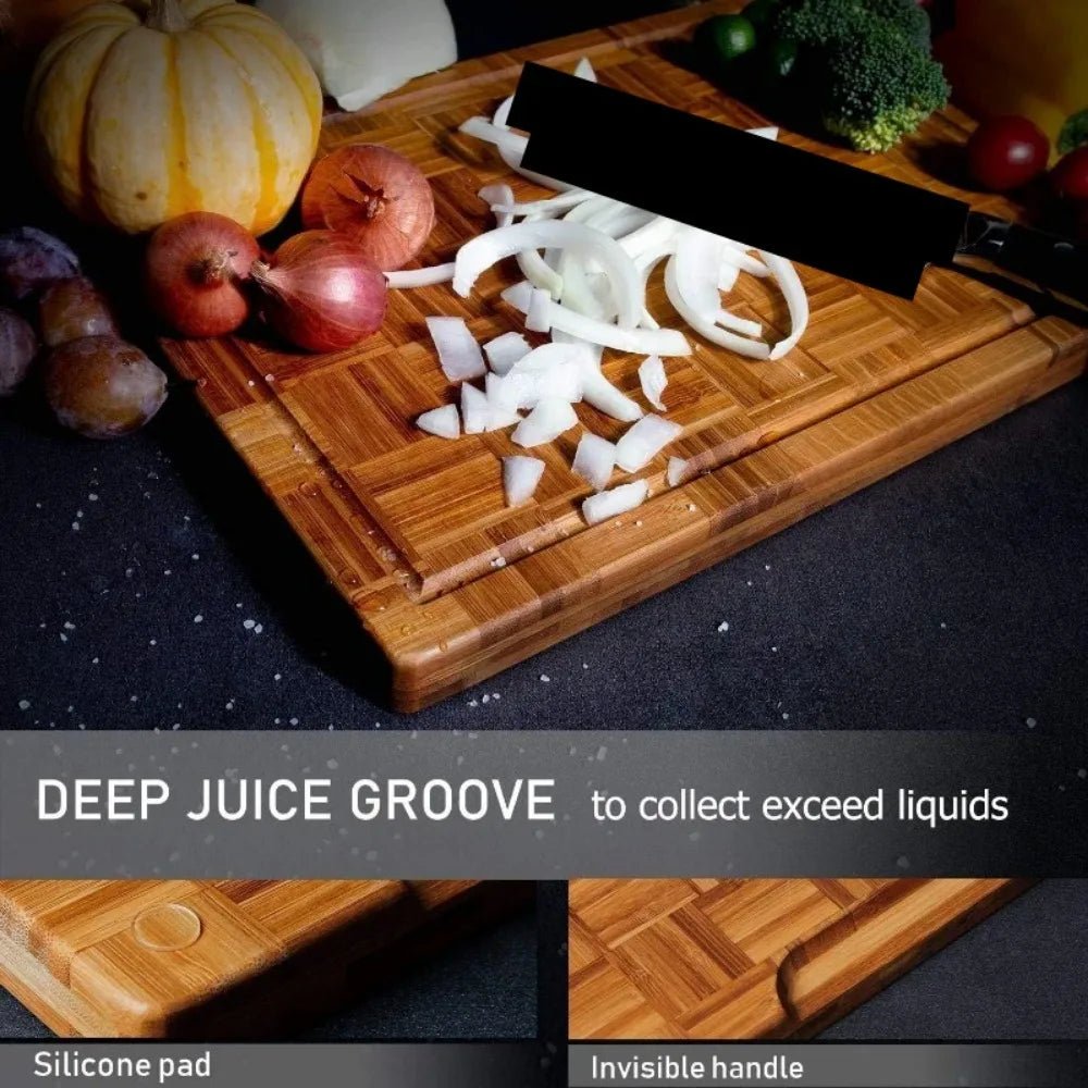 Large Bamboo Cutting Boards, (Set of 3) Chopping with Juice Groove Wood Butcher Block for Kitchen, End Grain Serving Tray - Blu Lotus Boutique