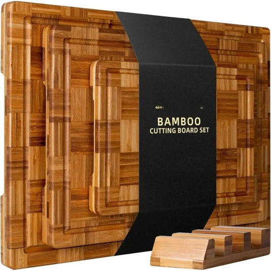 Large Bamboo Cutting Boards, (Set of 3) Chopping with Juice Groove Wood Butcher Block for Kitchen, End Grain Serving Tray - Blu Lotus Boutique