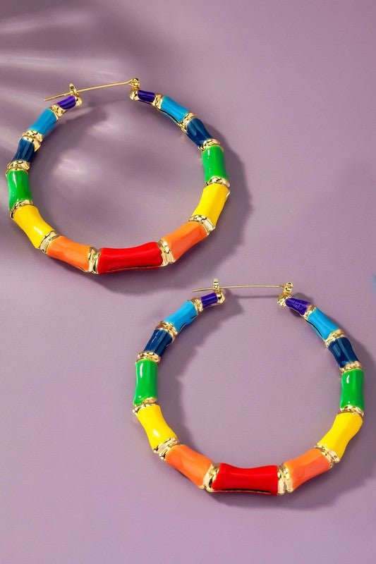 Large multi color enamel bamboo hoop earrings - Blu Lotus Boutique