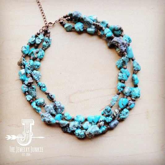 Large Triple Strand Blue Turq&Wood Collar Necklace - Blu Lotus Boutique