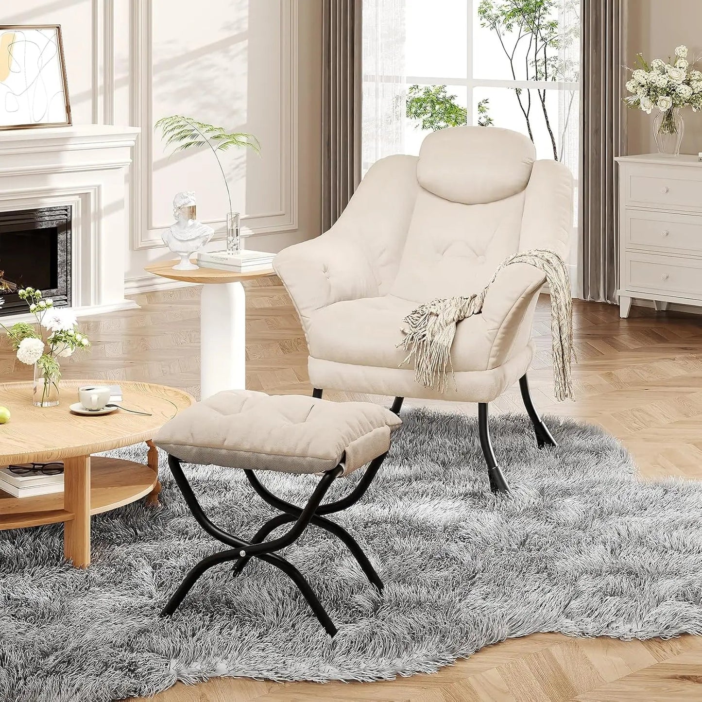 Lazy Chair with Ottoman, Reading Chair with Armrests and A Side Pocket, Modern Lounge Leisure Sofa Armchair, Bedroom Armchair wi - Blu Lotus Boutique