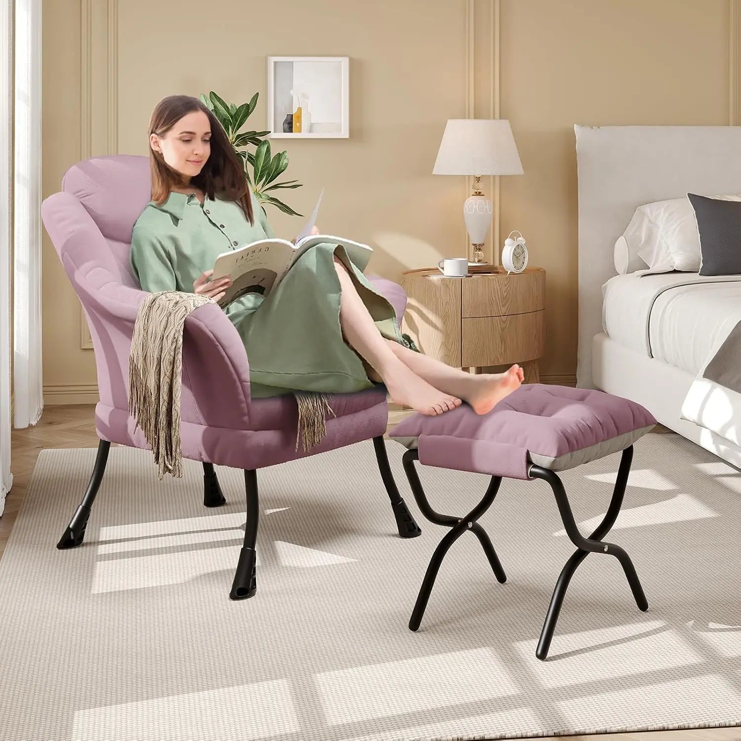 Lazy Chair with Ottoman, Reading Chair with Armrests and A Side Pocket, Modern Lounge Leisure Sofa Armchair, Bedroom Armchair wi - Blu Lotus Boutique