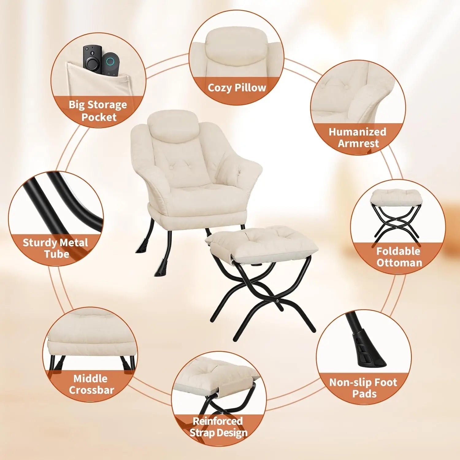 Lazy Chair with Ottoman, Reading Chair with Armrests and A Side Pocket, Modern Lounge Leisure Sofa Armchair, Bedroom Armchair wi - Blu Lotus Boutique