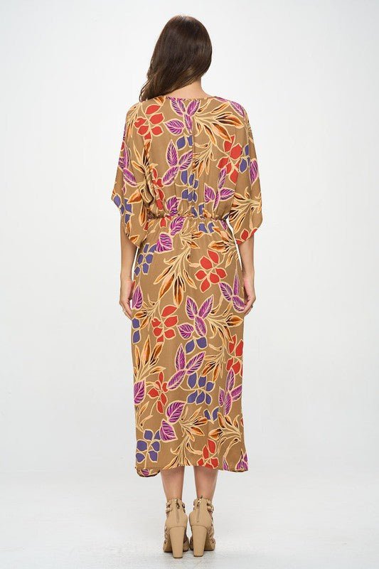Leaf Print Kimono Dress with Front Twist - Blu Lotus Boutique