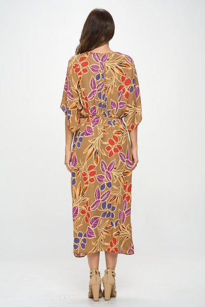 Leaf Print Kimono Dress with Front Twist - Blu Lotus Boutique