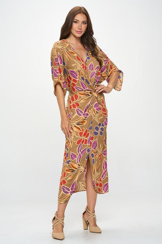 Leaf Print Kimono Dress with Front Twist - Blu Lotus Boutique