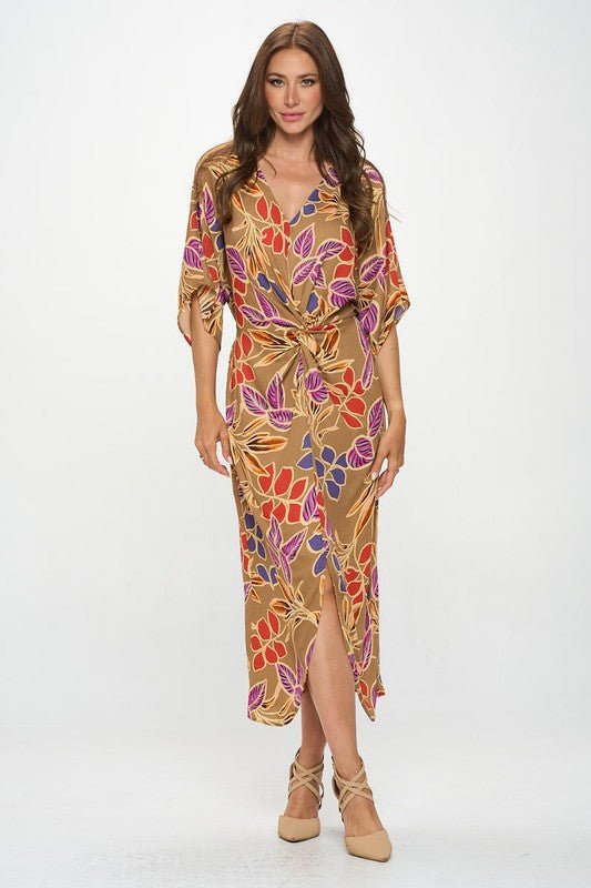 Leaf Print Kimono Dress with Front Twist - Blu Lotus Boutique