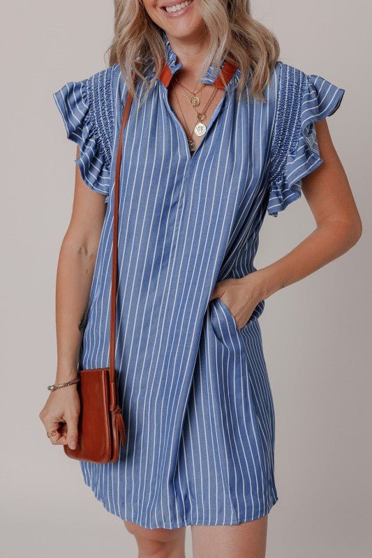 Leah Stripe Frilly Split Neck Shirred Ruffle Sleev - Blu Lotus Boutique