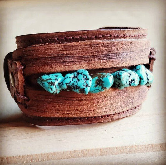 Leather Cuff With Blue Turquoise Chunks - Blu Lotus Boutique