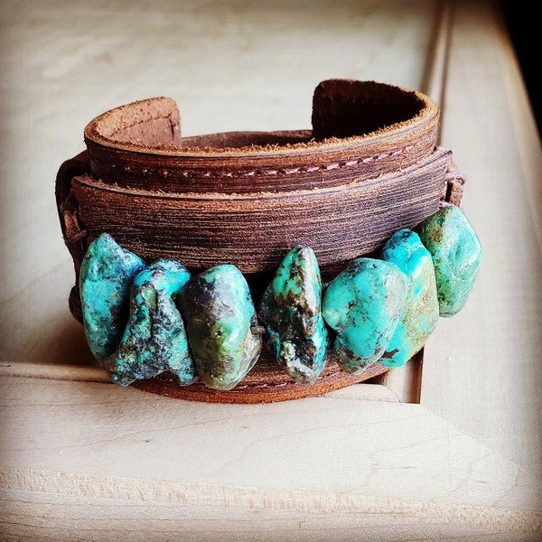 Leather Cuff with Large Natural Turquoise Chunks - Blu Lotus Boutique
