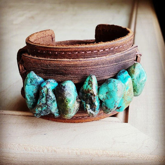 Leather Cuff with Large Natural Turquoise Chunks - Blu Lotus Boutique