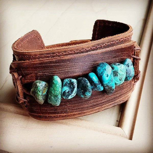 Leather Cuff with Large Natural Turquoise Chunks - Blu Lotus Boutique